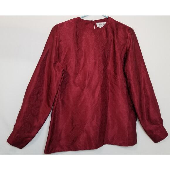 VTG-Worthington Women's Burgundy Floral Blouse Long Cuff Sleeves Rnd Neck Sz 10P - Picture 1 of 6